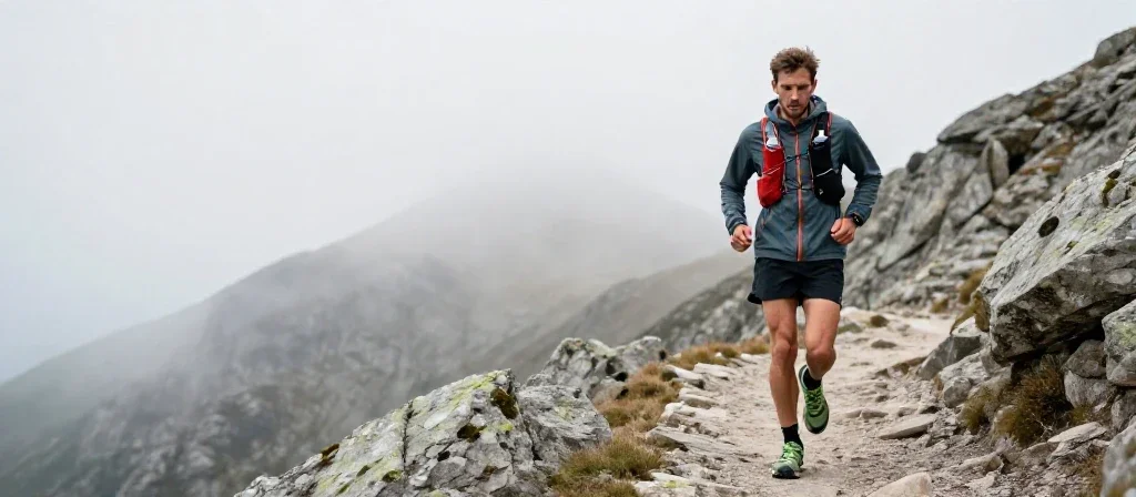 Un coureur français sur un sentier de montagne illustrant l'endurance et la performance sportive.