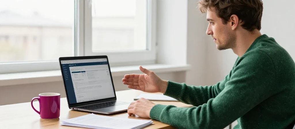 Un expert en informatique français travaillant sur un ordinateur dans un bureau moderne et ensoleillé.