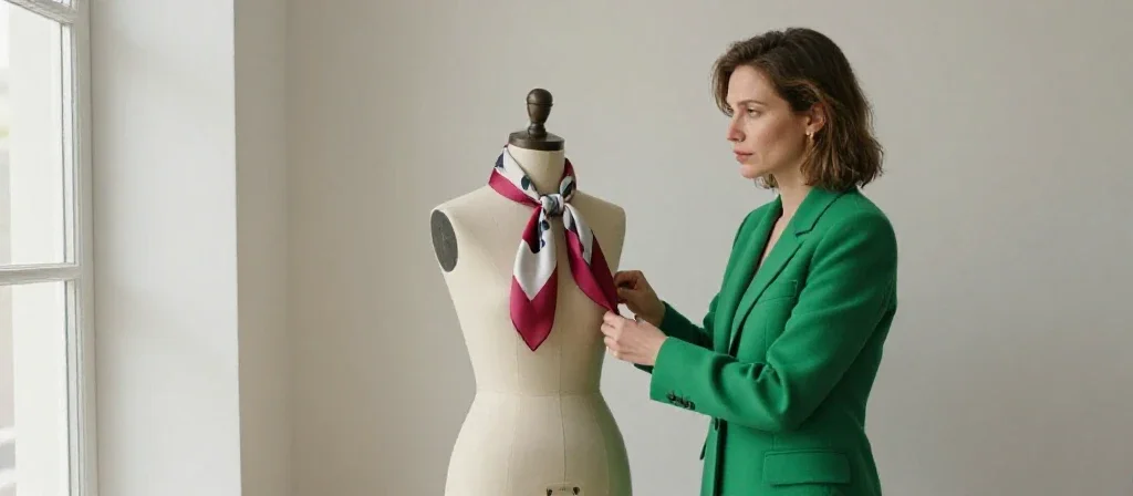 Une femme française élégante portant une veste verte dans un studio de couture moderne.
