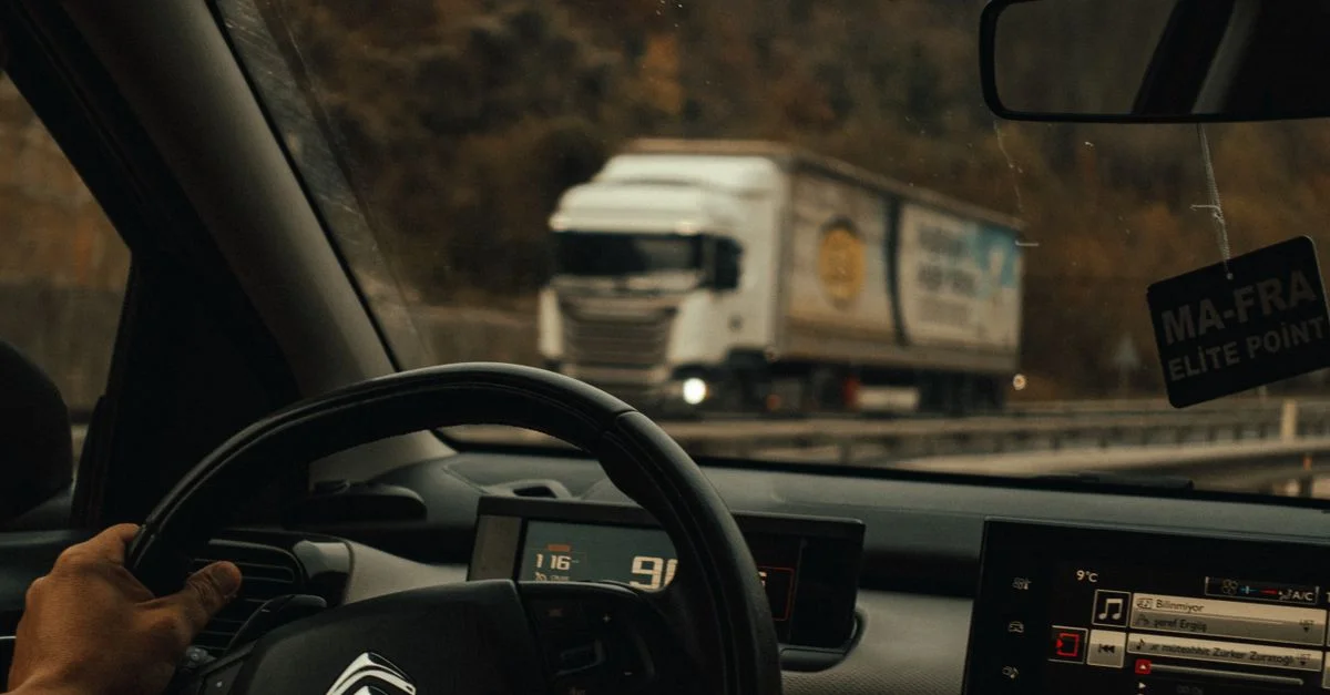 Vue intérieure d'une voiture circulant sur l'autoroute avec un camion visible devant.